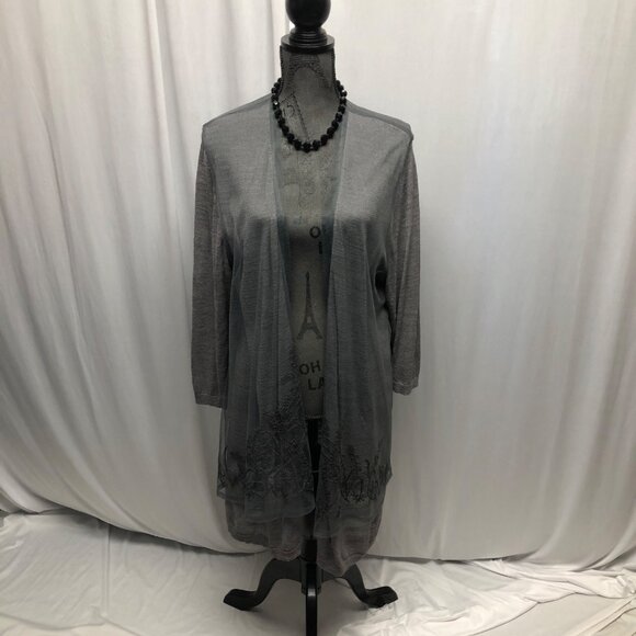 Coldwater Creek Cardigan Womens Sz 2X Gray Open Front Sheer Embroidered Layered - Picture 1 of 10